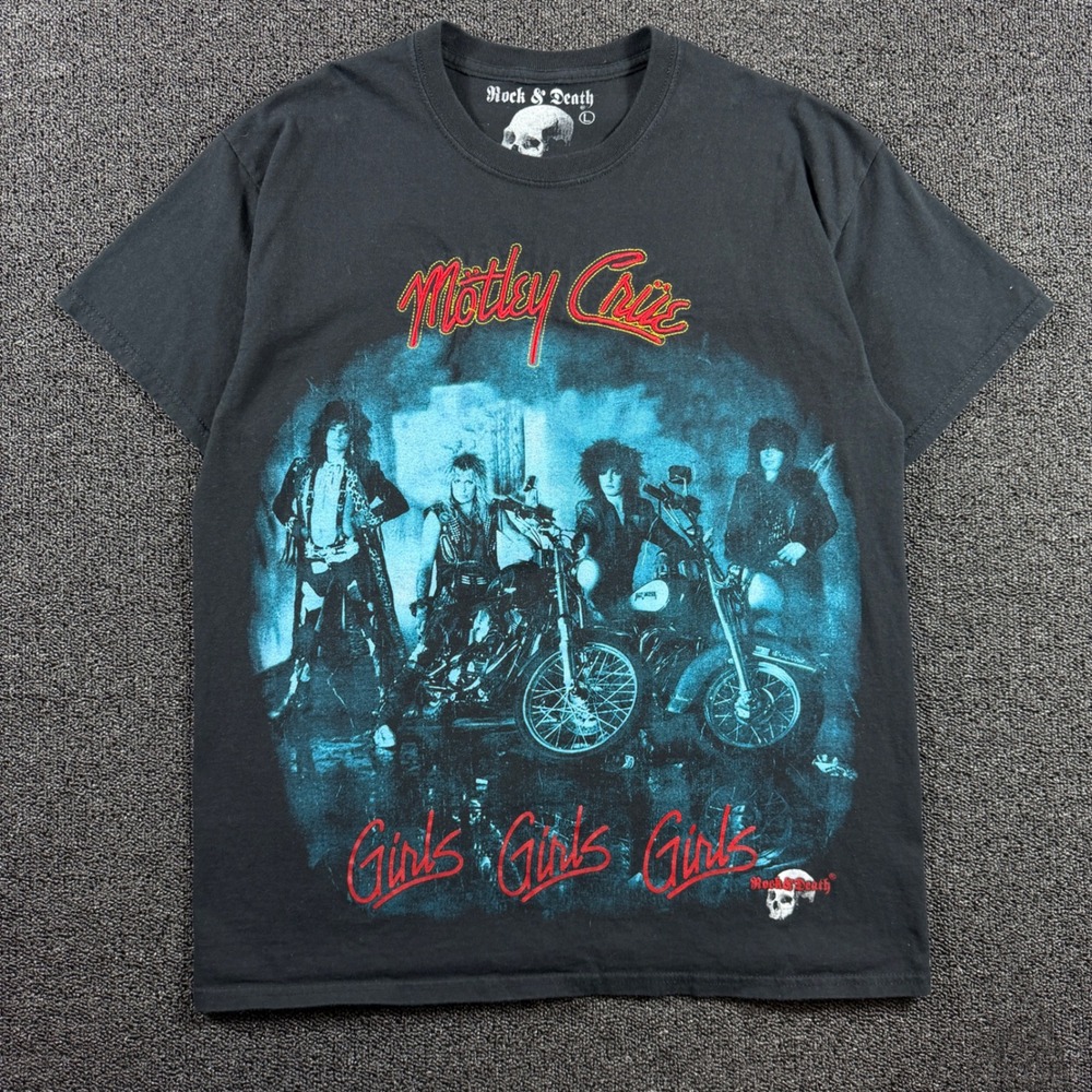 Motley Crue Girls Girls Girls Rock & Death Graphic T-Shirt Mens L Black Band Tee